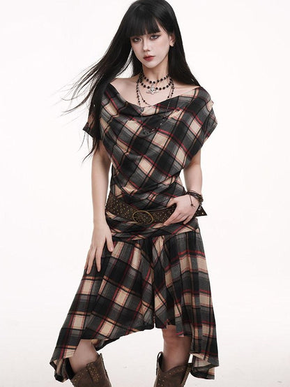 LADYGHOST Ghost Girl Asymmetrical Plaid One Shoulder Women&