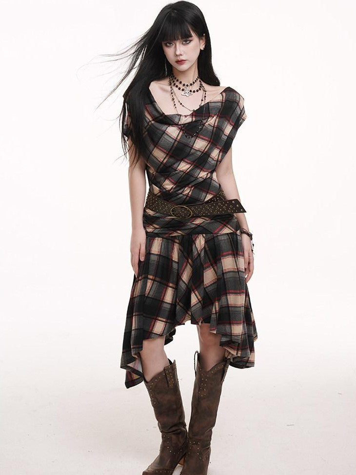 LADYGHOST Ghost Girl Asymmetrical Plaid One Shoulder Women&