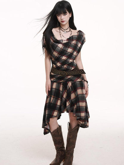 LADYGHOST Ghost Girl Asymmetrical Plaid One Shoulder Women&
