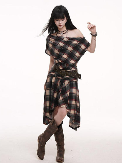 LADYGHOST Ghost Girl Asymmetrical Plaid One Shoulder Women&