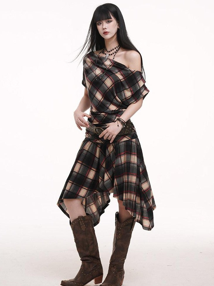 LADYGHOST Ghost Girl Asymmetrical Plaid One Shoulder Women&