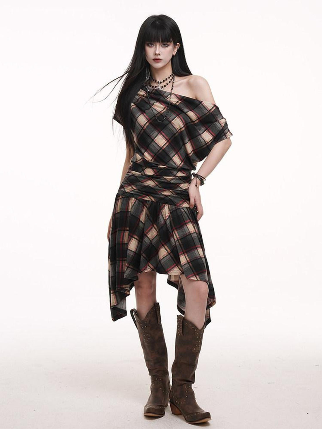 LADYGHOST Ghost Girl Asymmetrical Plaid One Shoulder Women&