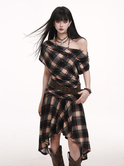 LADYGHOST Ghost Girl Asymmetrical Plaid One Shoulder Women&