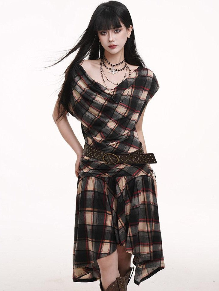 LADYGHOST Ghost Girl Asymmetrical Plaid One Shoulder Women&