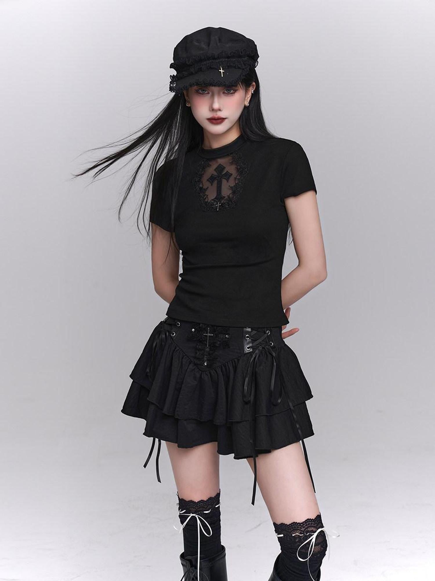 LADYGHOST Ghost Girl Black Cross Print Regular Shoulder Women&