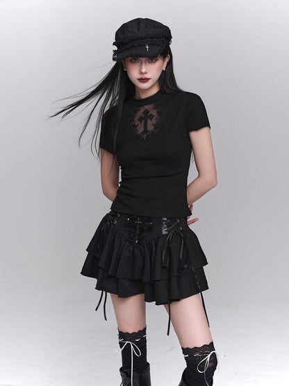 LADYGHOST Ghost Girl Black Cross Print Regular Shoulder Women&