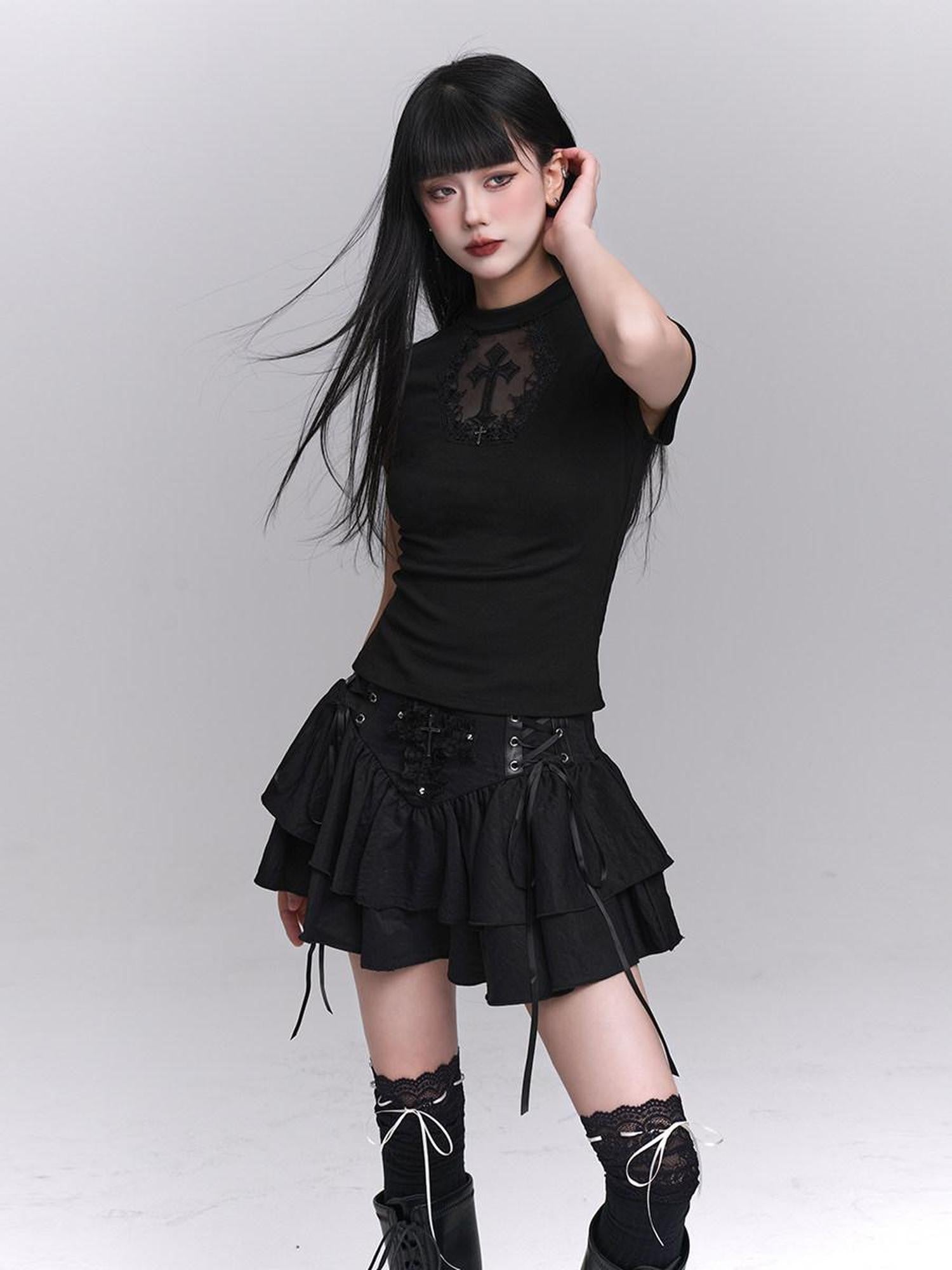 LADYGHOST Ghost Girl Black Cross Print Regular Shoulder Women&