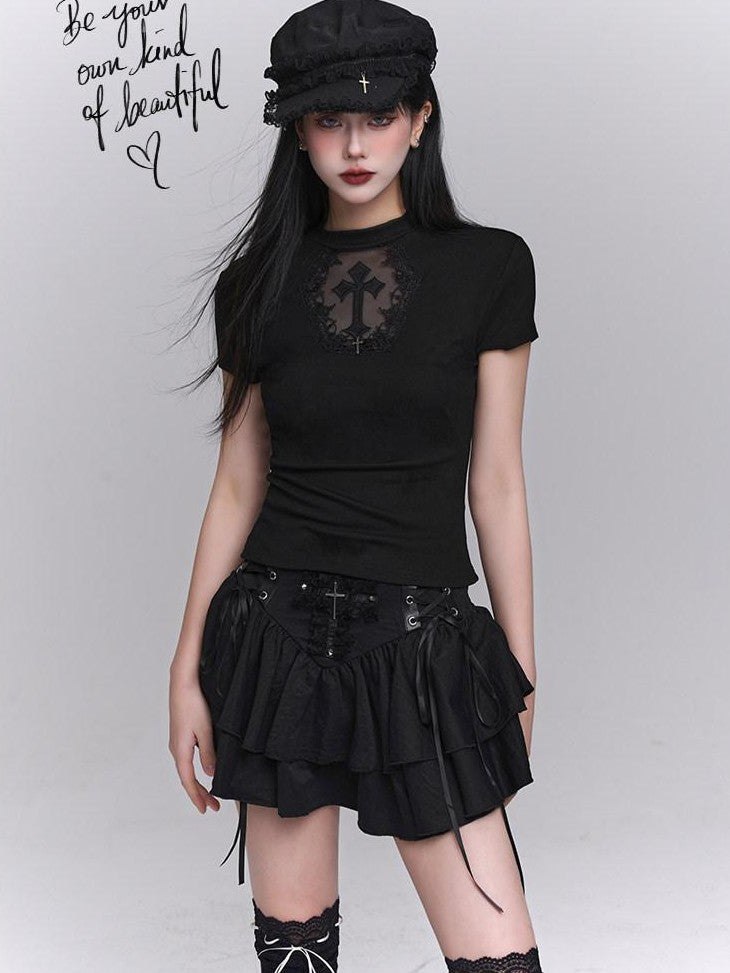 LADYGHOST Ghost Girl Black Cross Print Regular Shoulder Women&