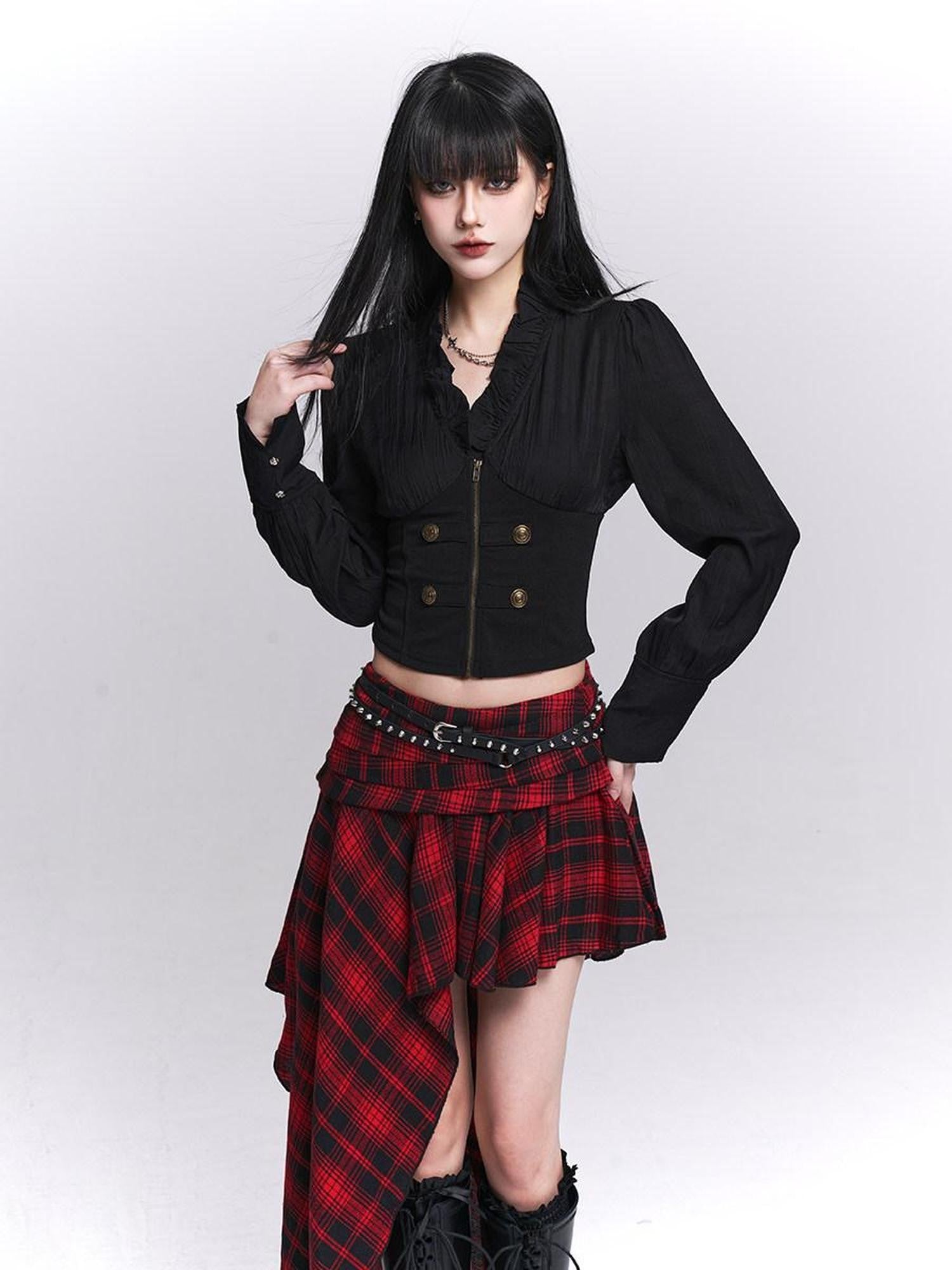 LADYGHOST Ghost Girl Black Ruffle Hem Faux Two Piece Women&