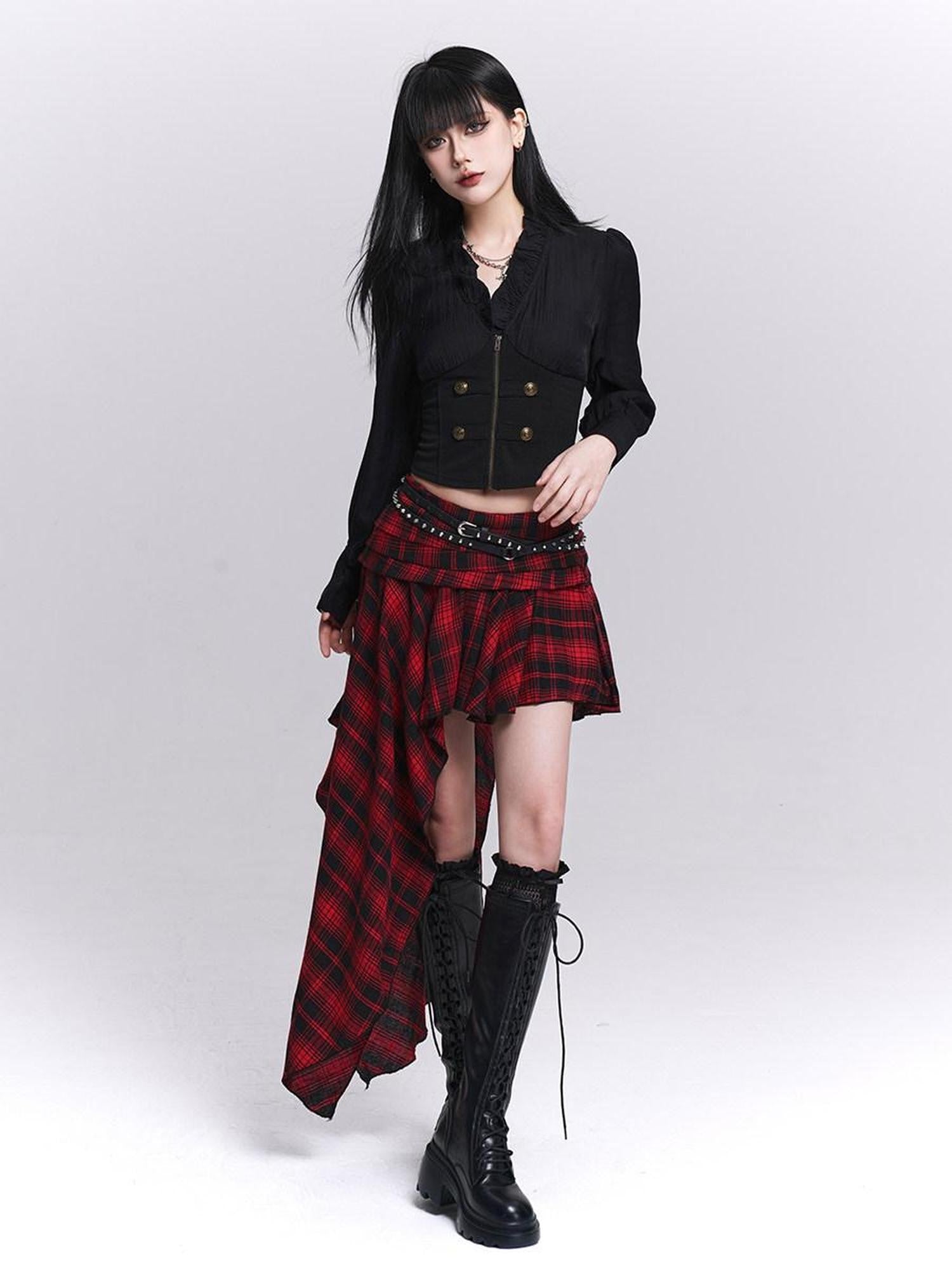 LADYGHOST Ghost Girl Black Ruffle Hem Faux Two Piece Women&