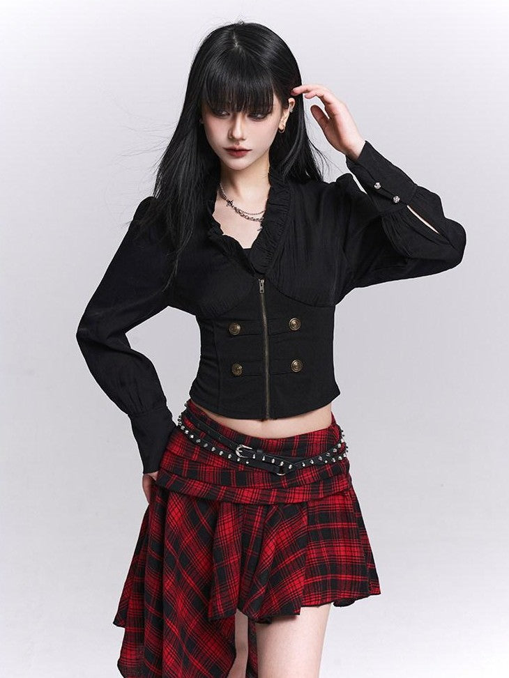 LADYGHOST Ghost Girl Black Ruffle Hem Faux Two Piece Women&