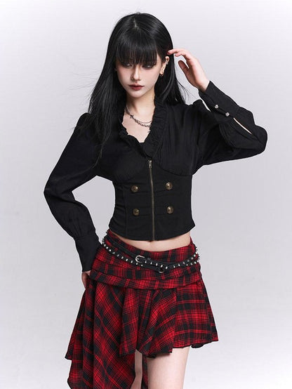 LADYGHOST Ghost Girl Black Ruffle Hem Faux Two Piece Women&