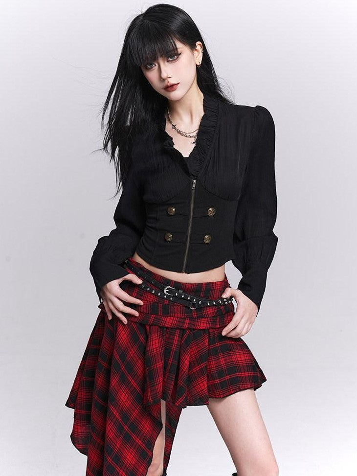 LADYGHOST Ghost Girl Black Ruffle Hem Faux Two Piece Women&