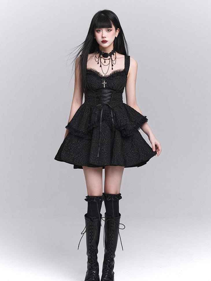 LADYGHOST Ghost Girl Gothic Black Spaghetti Strap Puffed Skirt Women&