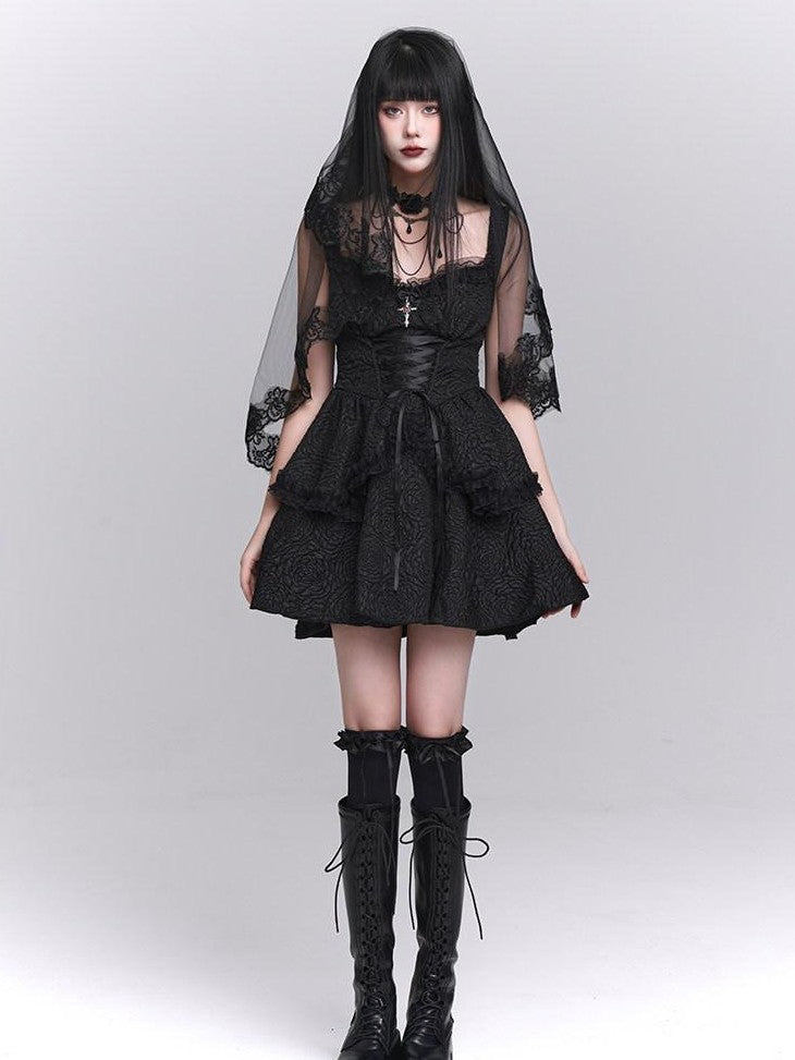 LADYGHOST Ghost Girl Gothic Black Spaghetti Strap Puffed Skirt Women&