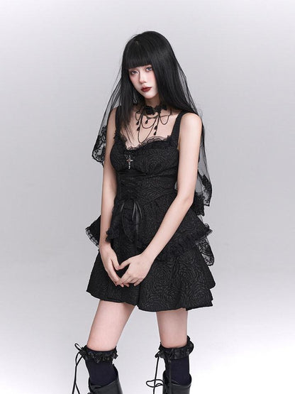 LADYGHOST Ghost Girl Gothic Black Spaghetti Strap Puffed Skirt Women&