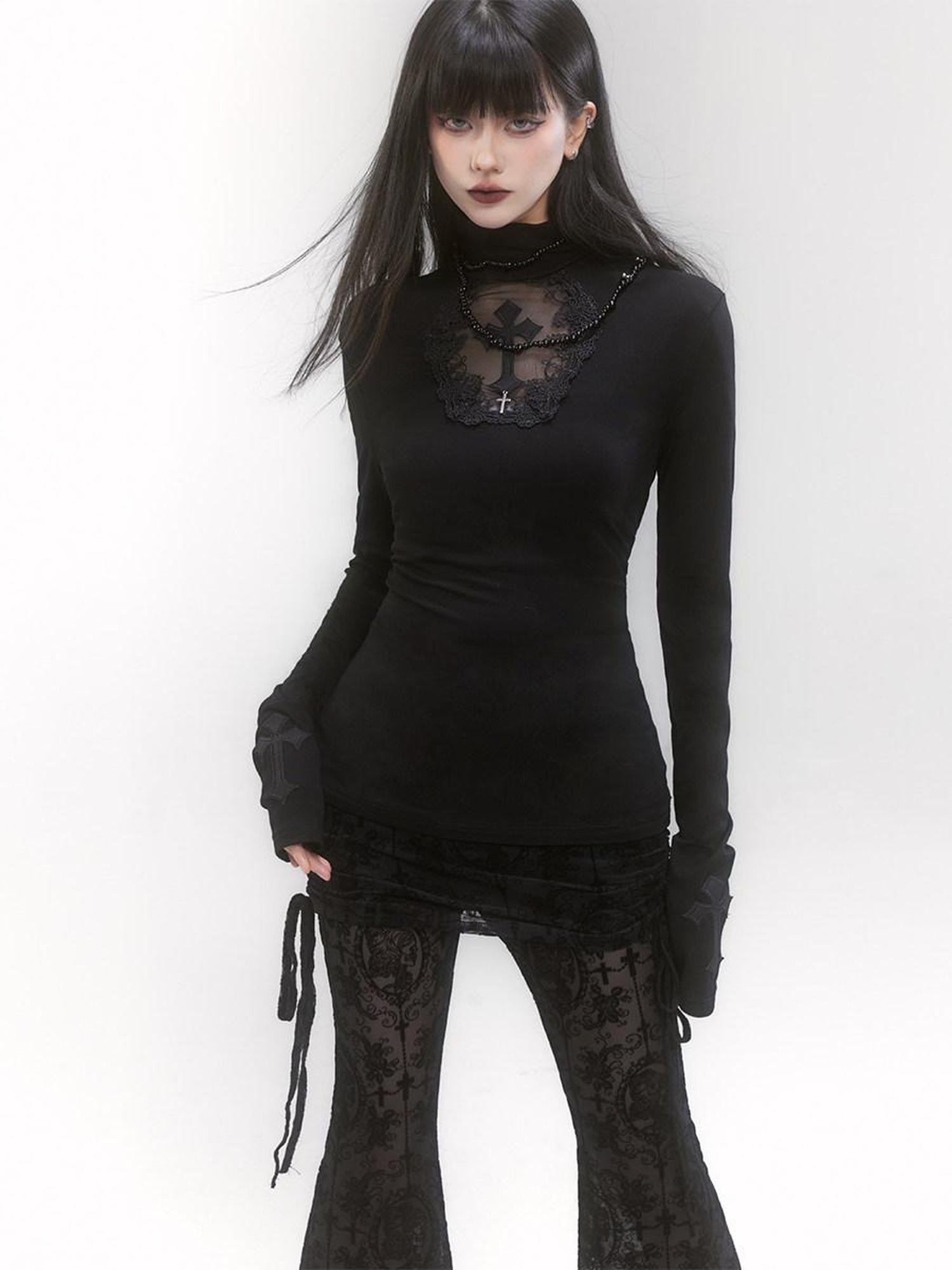 LADYGHOST Ghost Girl Gothic Cross Print High Neck Women&