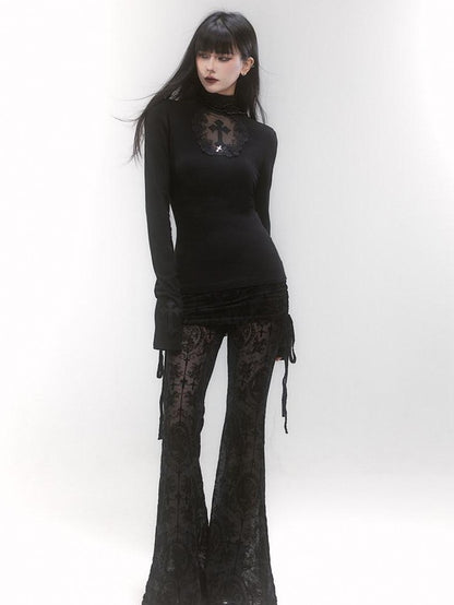 LADYGHOST Ghost Girl Gothic Cross Print High Neck Women&