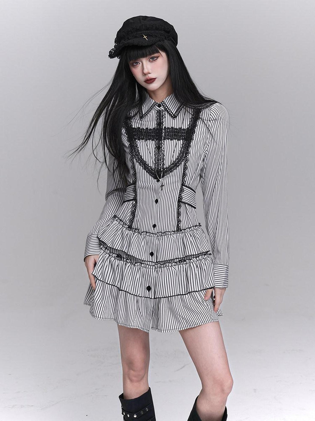 LADYGHOST Ghost Girl Gothic Long Sleeve Striped Cinched Waist Women&