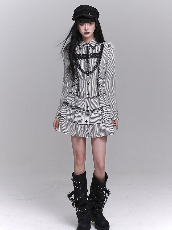 LADYGHOST Ghost Girl Gothic Long Sleeve Striped Cinched Waist Women&
