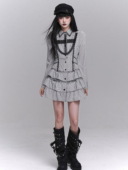 LADYGHOST Ghost Girl Gothic Long Sleeve Striped Cinched Waist Women&