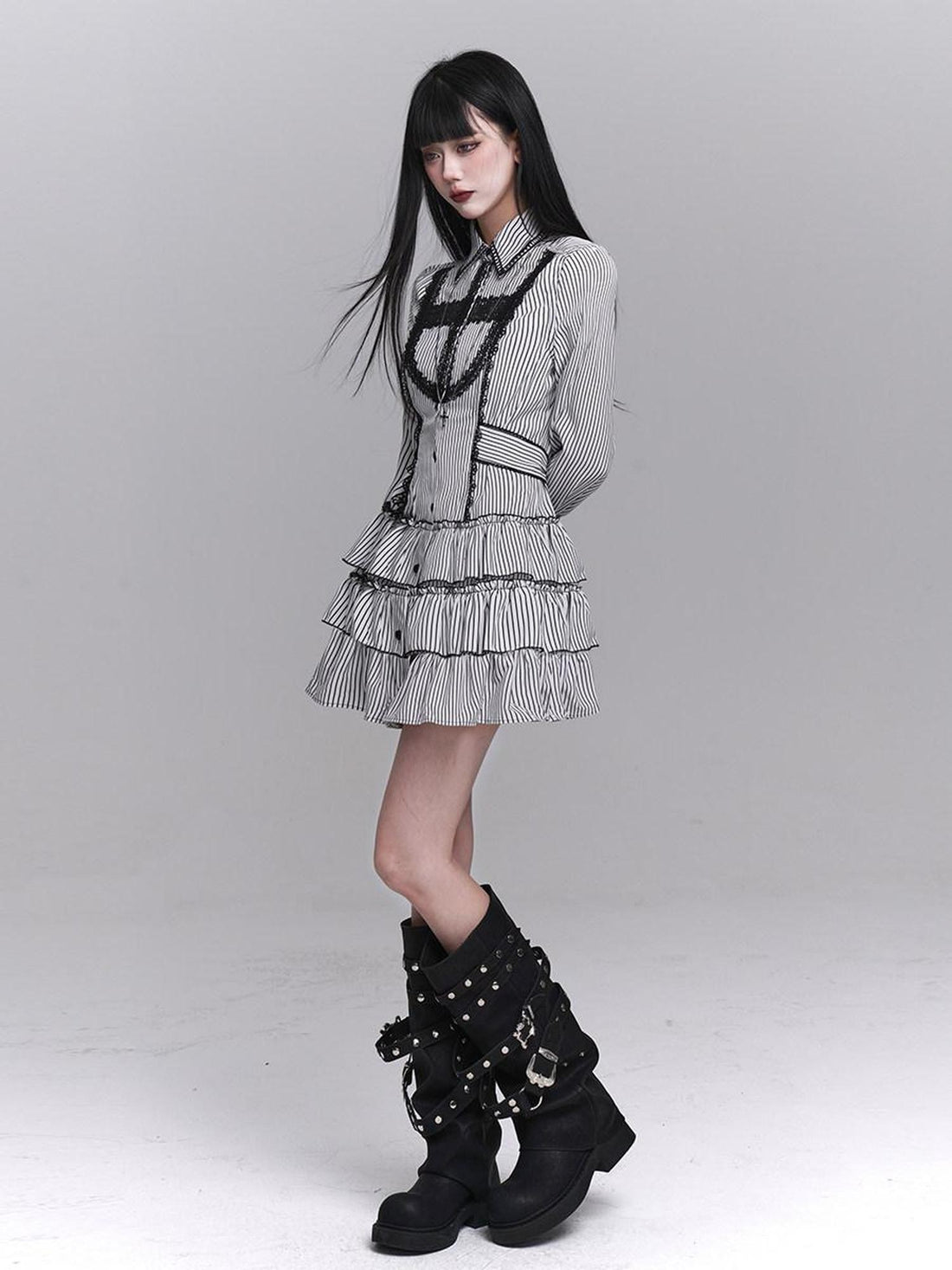 LADYGHOST Ghost Girl Gothic Long Sleeve Striped Cinched Waist Women&