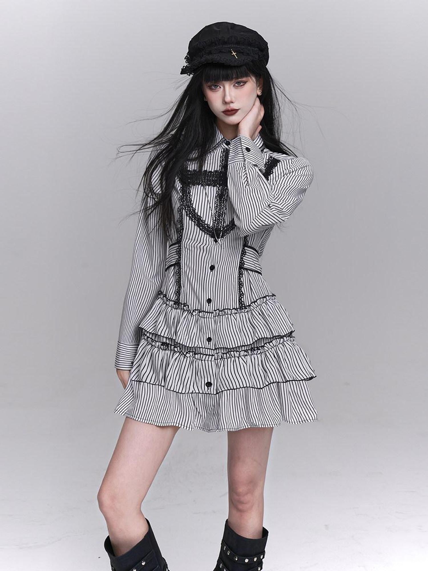 LADYGHOST Ghost Girl Gothic Long Sleeve Striped Cinched Waist Women&