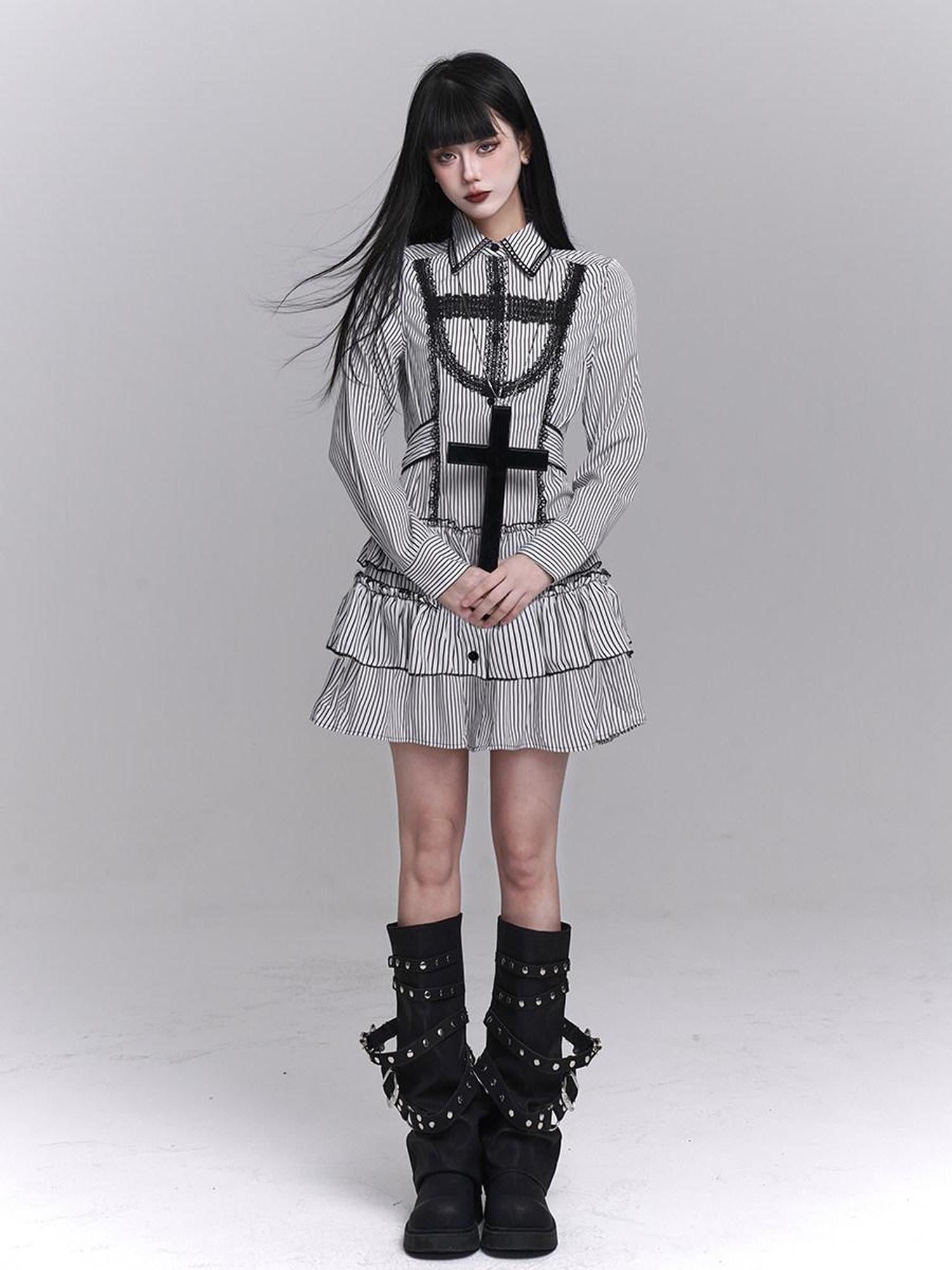 LADYGHOST Ghost Girl Gothic Long Sleeve Striped Cinched Waist Women&