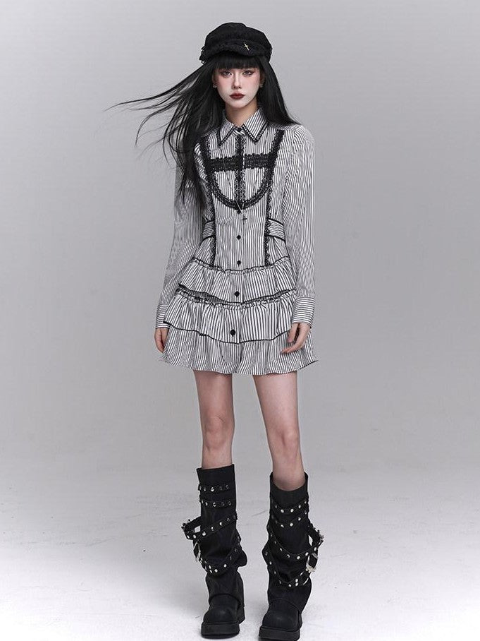 LADYGHOST Ghost Girl Gothic Long Sleeve Striped Cinched Waist Women&