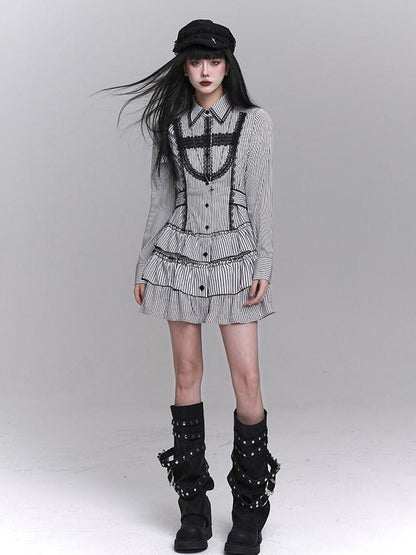 LADYGHOST Ghost Girl Gothic Long Sleeve Striped Cinched Waist Women&