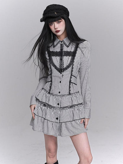 LADYGHOST Ghost Girl Gothic Long Sleeve Striped Cinched Waist Women&