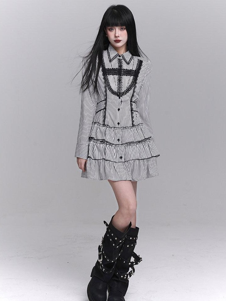 LADYGHOST Ghost Girl Gothic Long Sleeve Striped Cinched Waist Women&