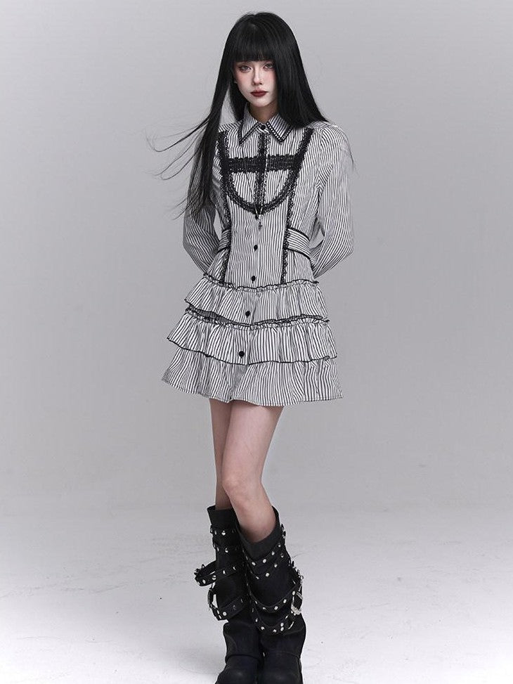 LADYGHOST Ghost Girl Gothic Long Sleeve Striped Cinched Waist Women&