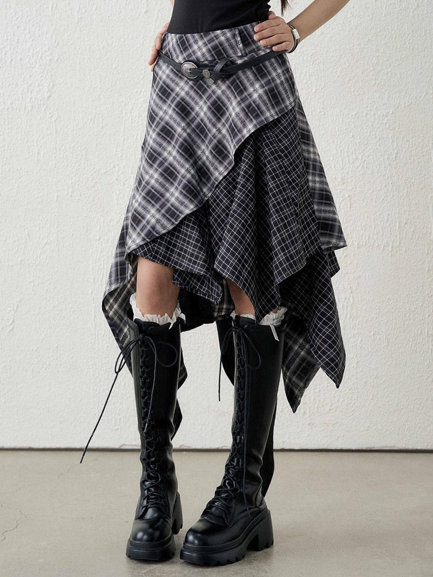 LADYGHOST Ghost Girl Irregular Hem Black White Checkered Women&