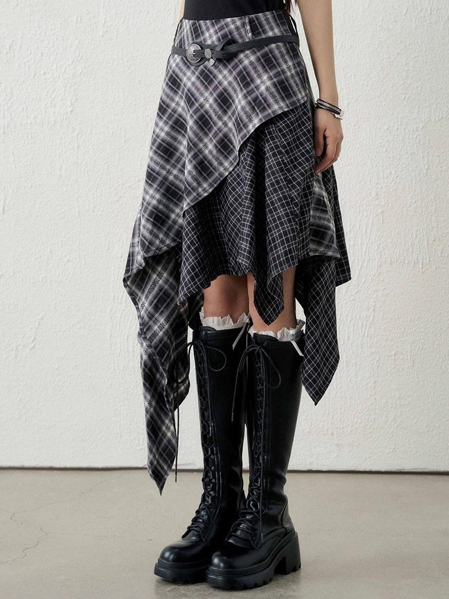 LADYGHOST Ghost Girl Irregular Hem Black White Checkered Women&