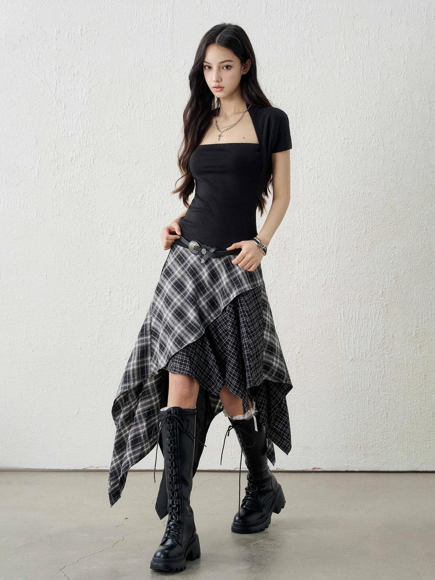 LADYGHOST Ghost Girl Irregular Hem Black White Checkered Women&