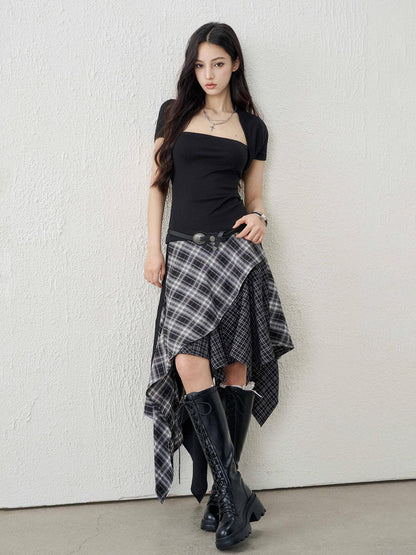 LADYGHOST Ghost Girl Irregular Hem Black White Checkered Women&