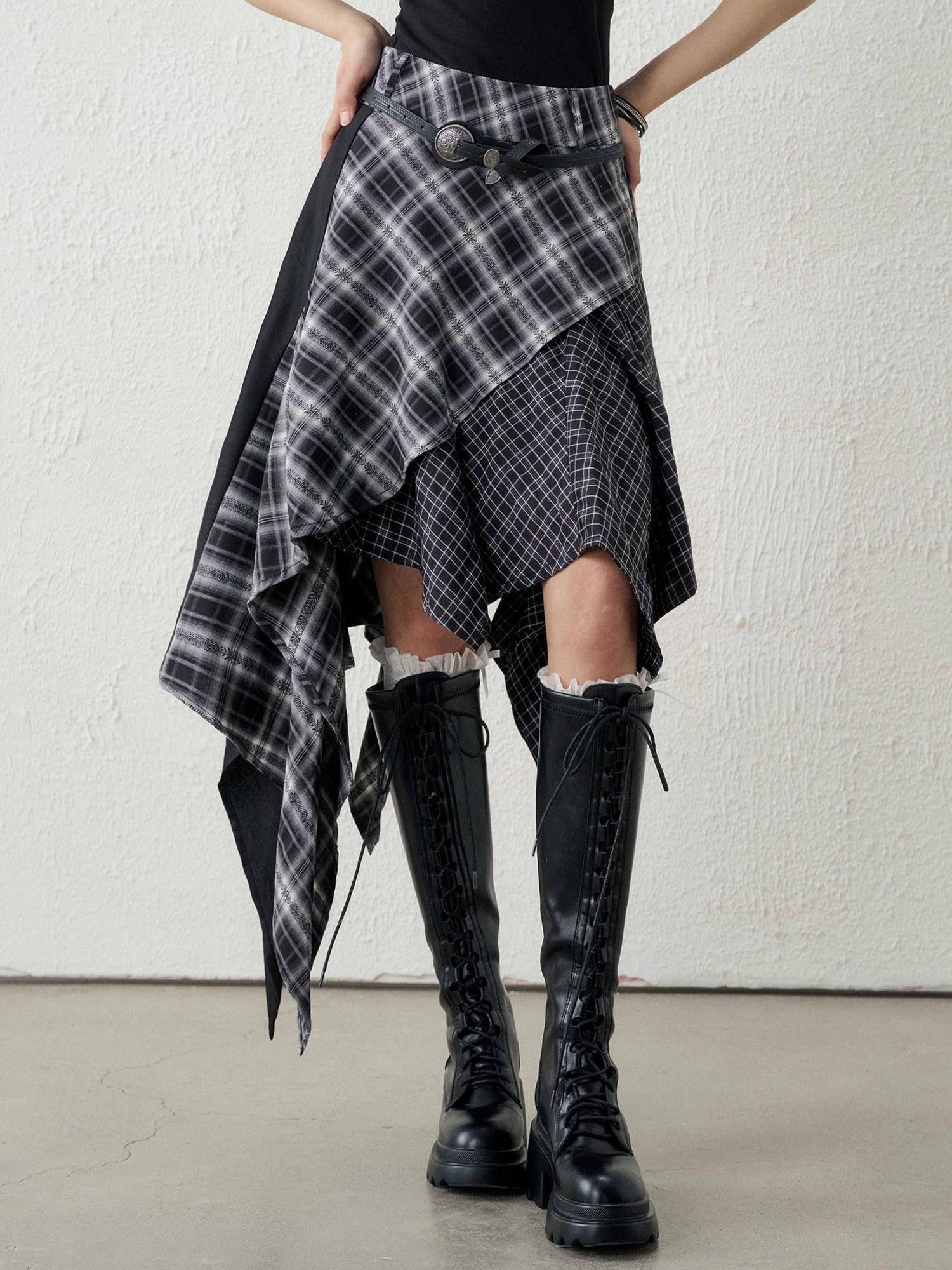 LADYGHOST Ghost Girl Irregular Hem Black White Checkered Women&