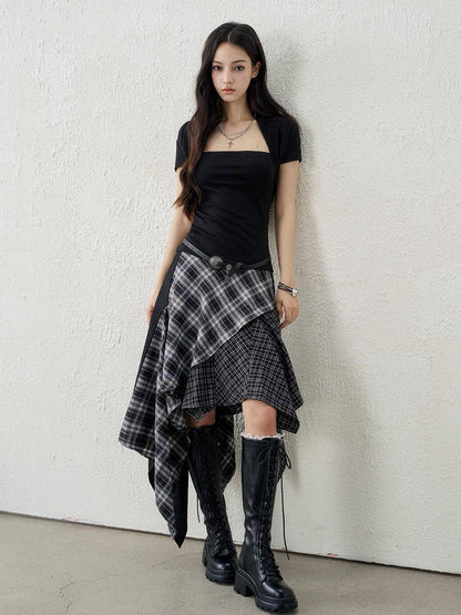 LADYGHOST Ghost Girl Irregular Hem Black White Checkered Women&
