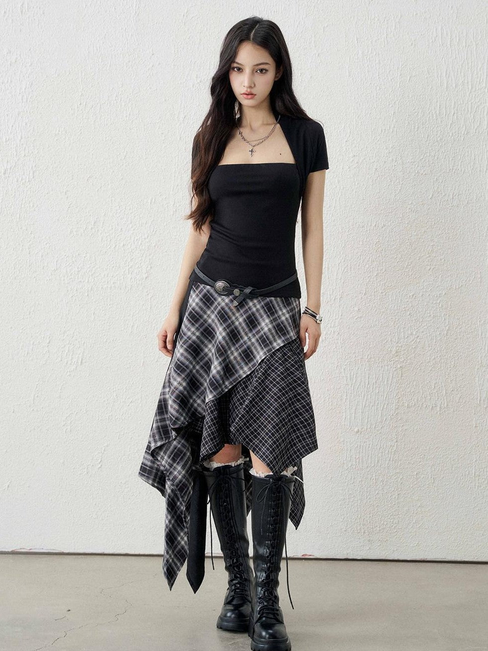 LADYGHOST Ghost Girl Irregular Hem Black White Checkered Women&