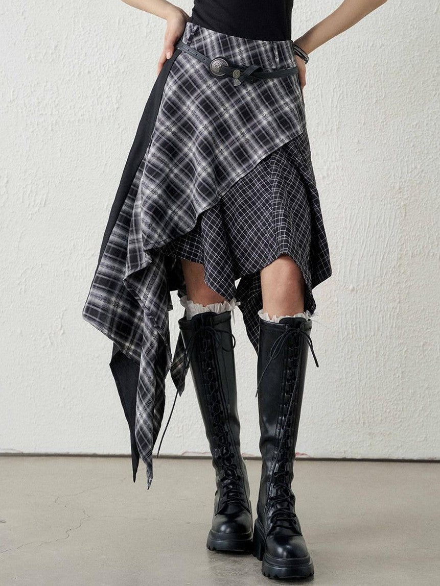 LADYGHOST Ghost Girl Irregular Hem Black White Checkered Women&