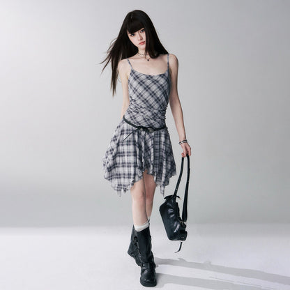 LADYGHOST_Ghost_Girl_Irregular_Hem_Plaid_Strappy_Cinched_Waist_Women&