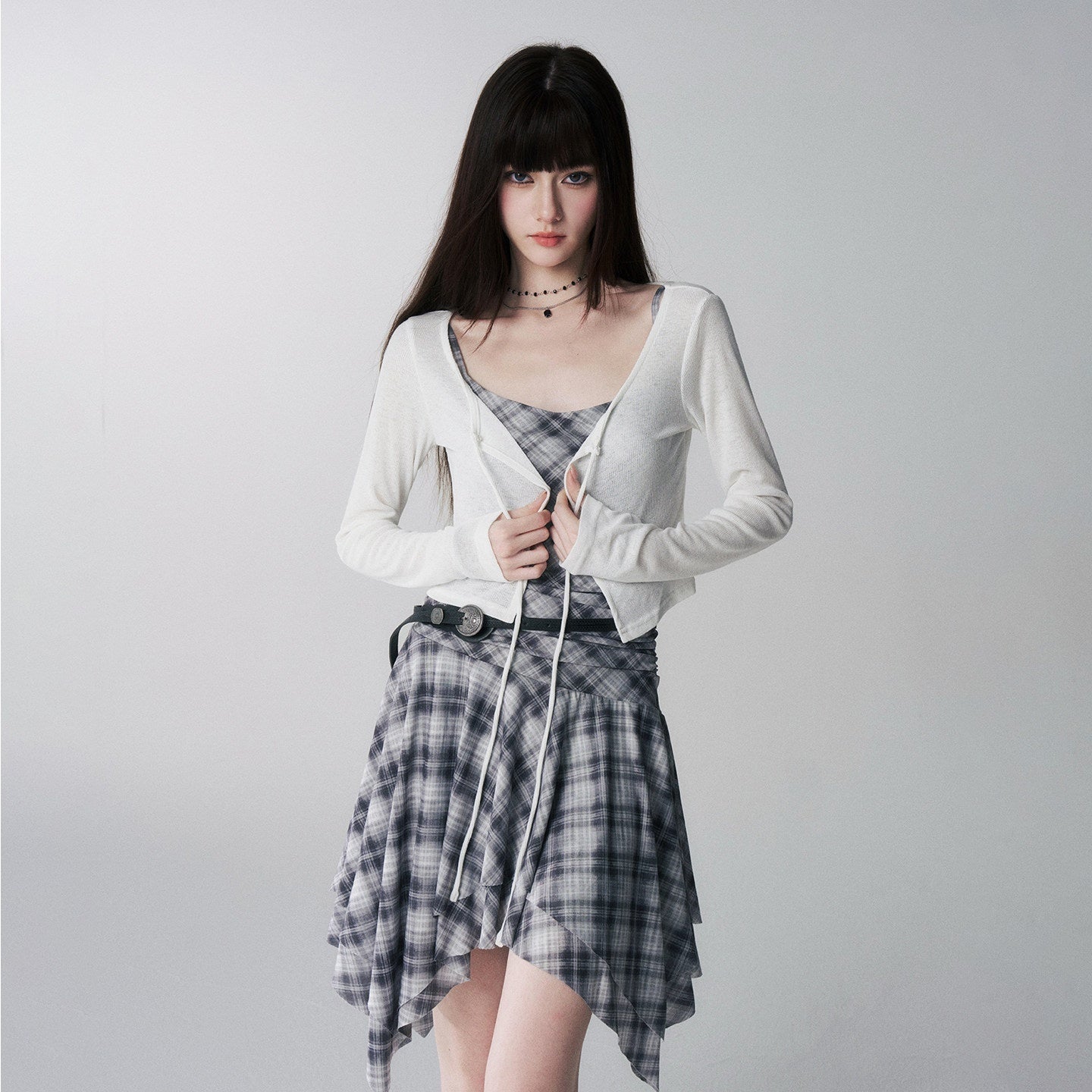 LADYGHOST_Ghost_Girl_Irregular_Hem_Plaid_Strappy_Cinched_Waist_Women&