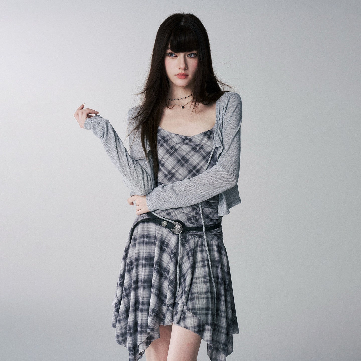 LADYGHOST_Ghost_Girl_Irregular_Hem_Plaid_Strappy_Cinched_Waist_Women&