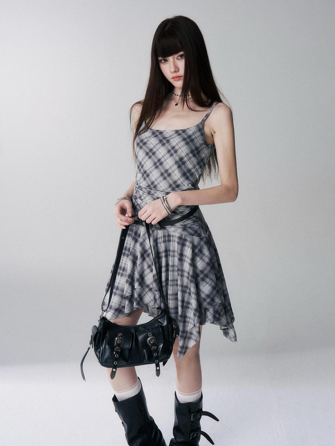 LADYGHOST Ghost Girl Irregular Hem Plaid Strappy Cinched Waist Women&