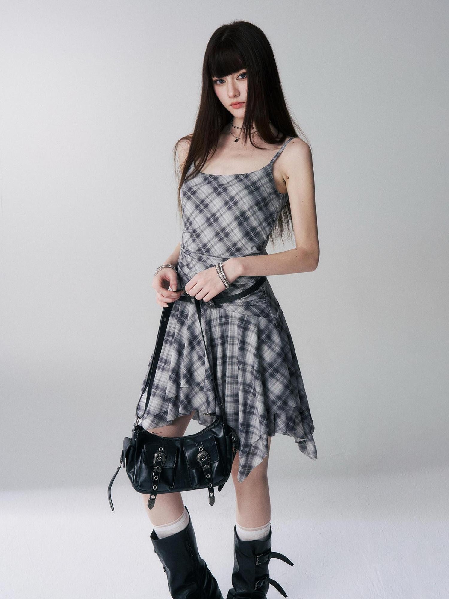 LADYGHOST Ghost Girl Irregular Hem Plaid Strappy Cinched Waist Women&