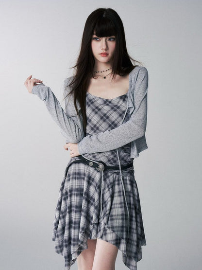 LADYGHOST Ghost Girl Irregular Hem Plaid Strappy Cinched Waist Women&