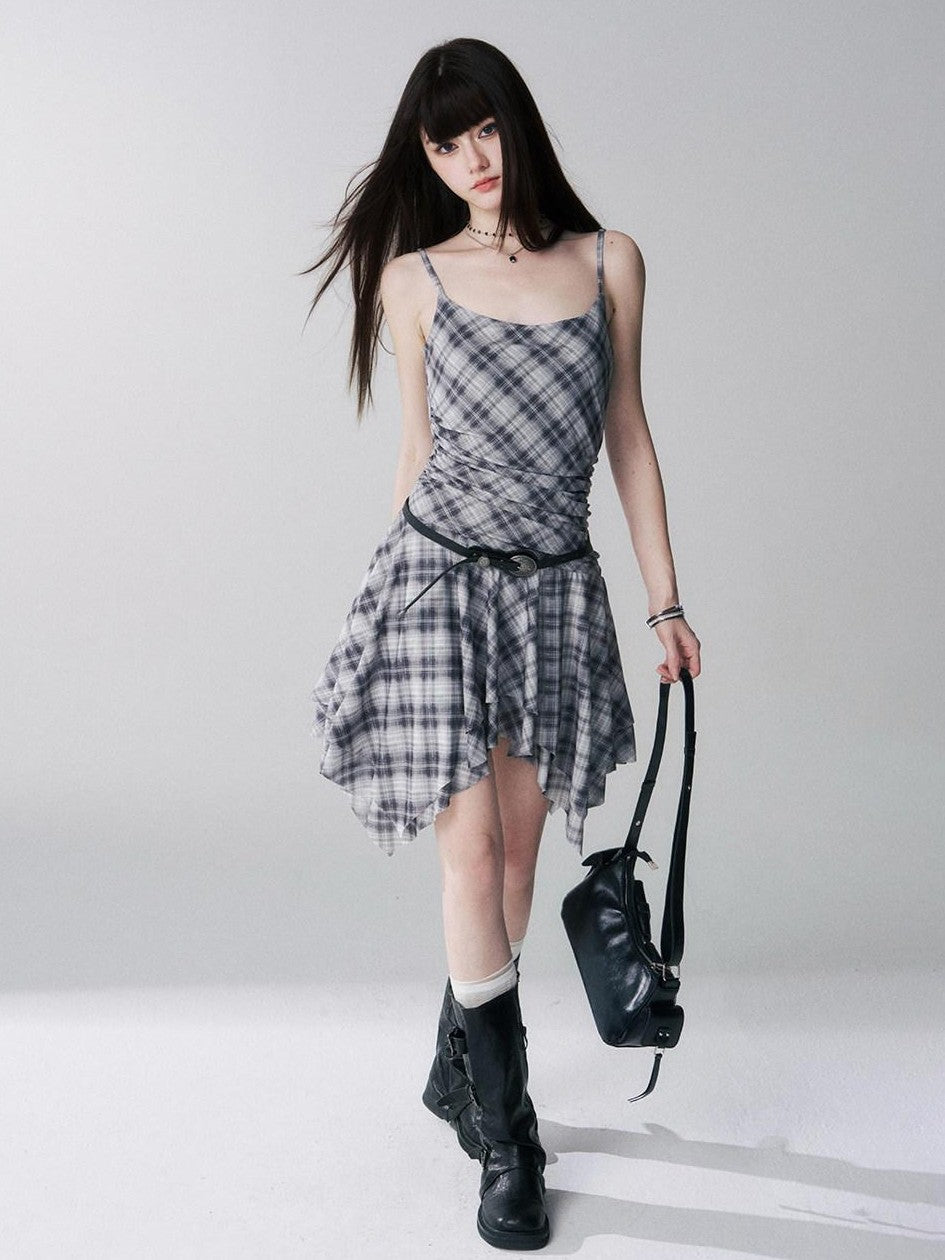 LADYGHOST Ghost Girl Irregular Hem Plaid Strappy Cinched Waist Women&