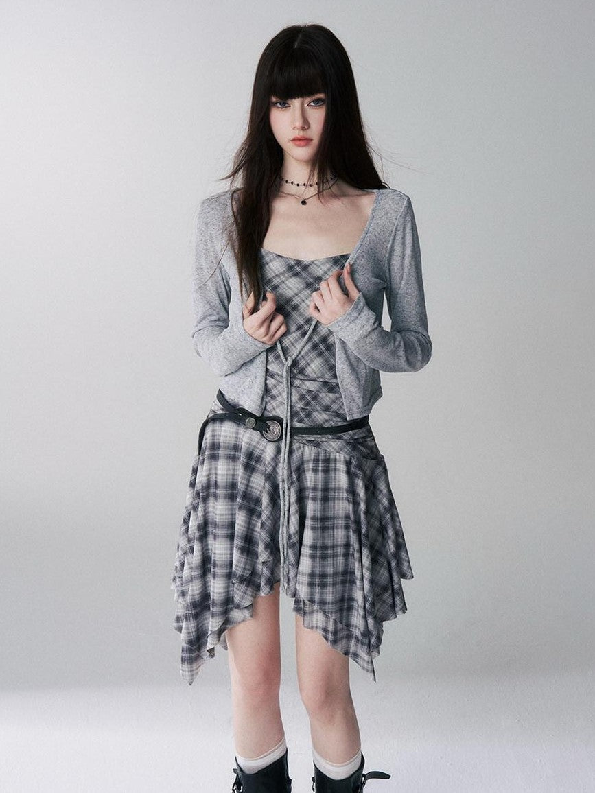 LADYGHOST Ghost Girl Irregular Hem Plaid Strappy Cinched Waist Women&
