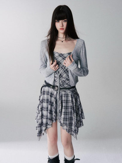 LADYGHOST Ghost Girl Irregular Hem Plaid Strappy Cinched Waist Women&